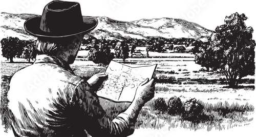 Person reading a map in an outdoor scene. Vintage black and white vector illustration illustrating fields and mountains.