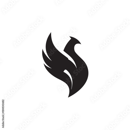 Stylized abstract graphic element resembling a rising bird or flame in dark tones