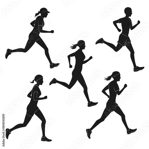 Five black silhouettes of women running in different poses