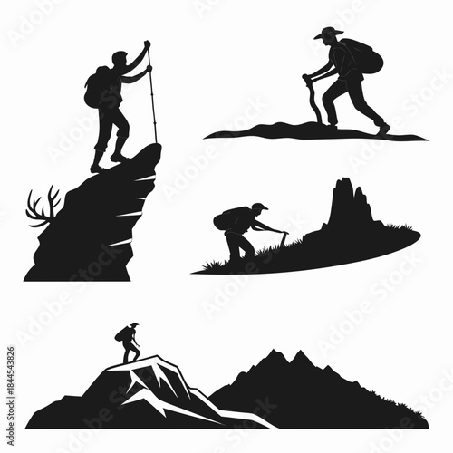 Five black silhouettes of hikers on mountain peaks