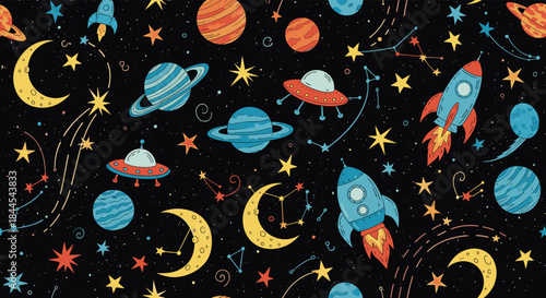Vibrant and playful seamless space pattern with cartoon rockets, planets, UFOs, and stars on a dark background for kids.