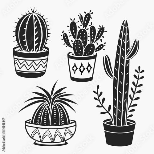 Five black silhouette potted cactus and succulent plants