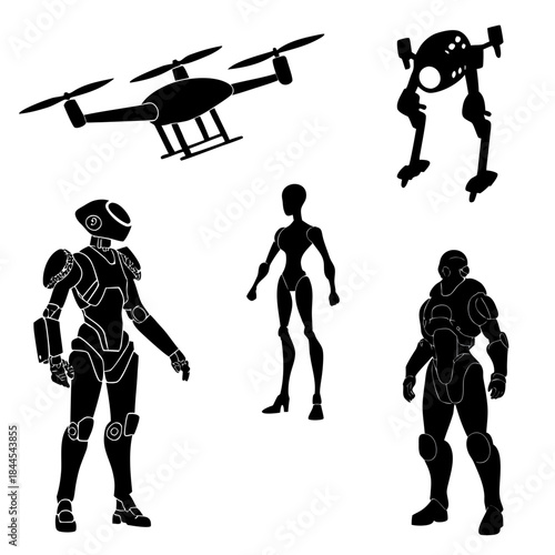 Five black silhouette robots and drone on white futuristic
