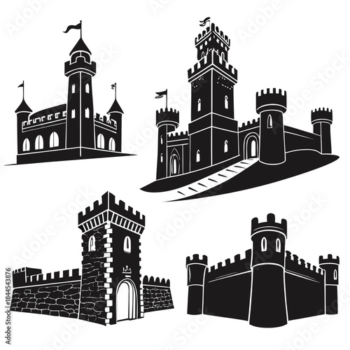 Five black silhouette castle and gate designs medieval