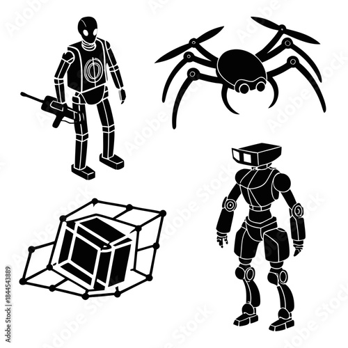 Five black robot and drone silhouettes on white humanoid