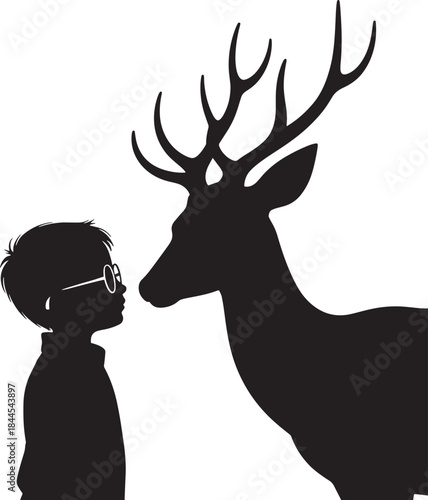 Deer  boy with Glass silhouette vector illustration in nature with antlers