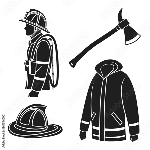 Firefighter gear silhouettes helmet axe jacket fire fighter