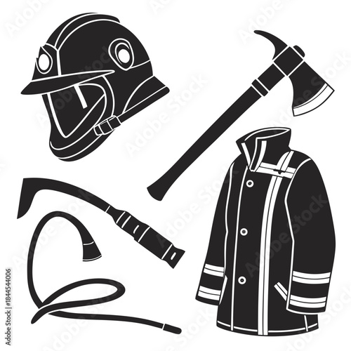 Firefighter gear set black silhouette equipment helmet
