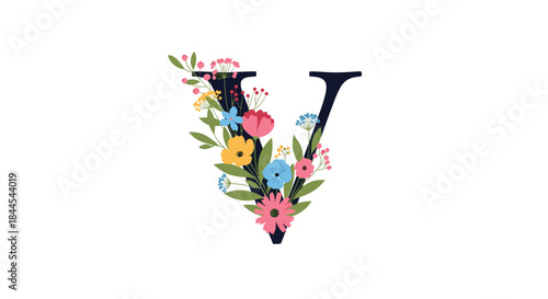 Beautiful capital letter V decorated with a vibrant bouquet of colorful flowers and leaves, creating an elegant floral monogram.