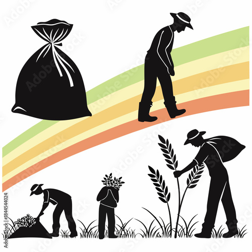 Farmers harvesting grain with sacks and wheat stalks