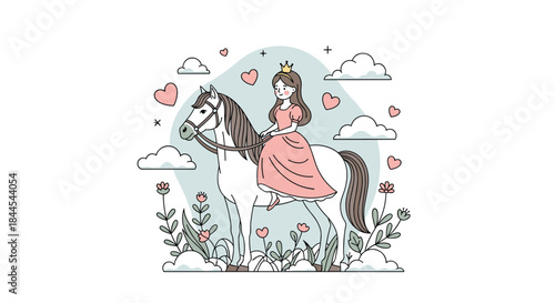 Fairytale illustration of a beautiful princess with a crown riding a majestic white horse through a field of flowers and clouds.