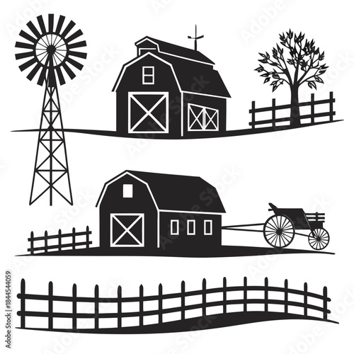 Farm scene elements silhouettes barn windmill cart and fence