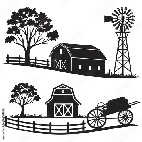 Farm scene silhouettes with barn windmill and cart