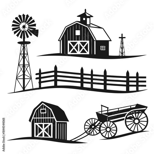 Farm scene silhouettes with barn windmill and wagon