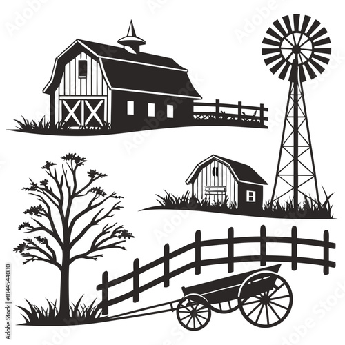 Farm scene elements barn windmill tree fence and cart silhouettes