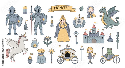 Large collection of cute fairytale characters and elements, including a princess, knight, dragon, unicorn, and castle for kids.