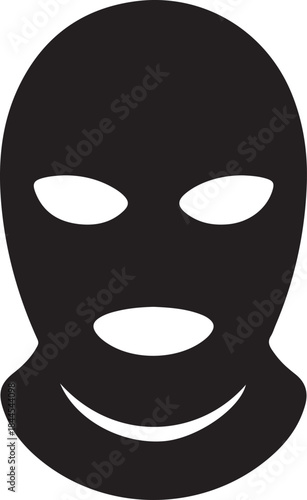Black silhouette mask with white eyes and mouth on white background