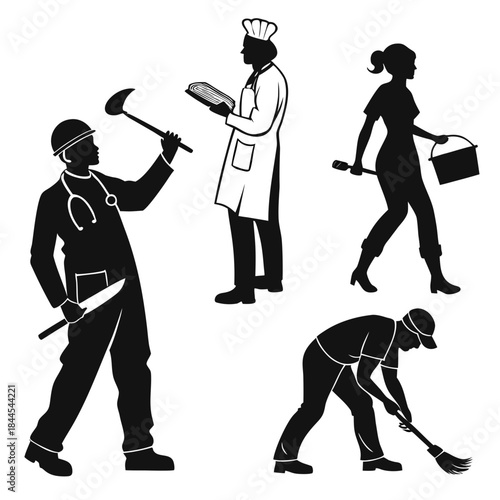 Diverse professions silhouettes doctor chef cleaner woman with bucket