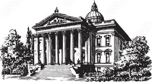 Historic courthouse building in black and white drawing style. Detailed architectural vector illustration with columns, dome, and surrounding trees.