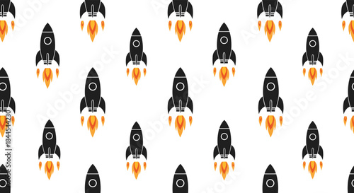 Simple seamless pattern of black rocket ships launching with orange flames, arranged in a grid on a white background.