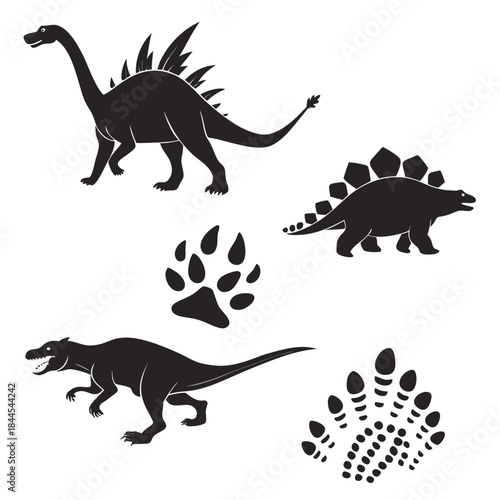 Dinosaur silhouettes and footprints on white background