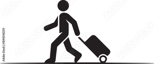 Black silhouette of a person pulling a suitcase on wheels walking