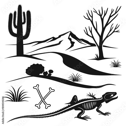 Desert scene silhouettes cactus mountains bare tree lizard skeleton bones