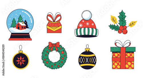 Collection of eight colorful Christmas and winter holiday icons, including a snow globe, gifts, wreath, and tree ornaments.