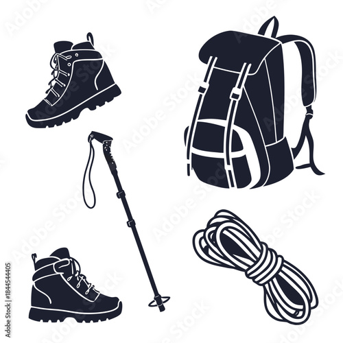 Dark blue hiking gear silhouettes backpack boots pole rope