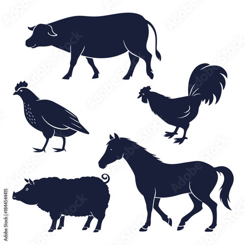 Dark blue farm animal silhouettes on white background