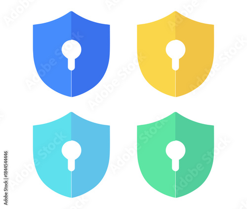 “security shield icons with keyhole, blue yellow green vector design”