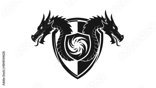 Striking Black and White Two-Headed Dragon Shield Emblem with Swirling Center