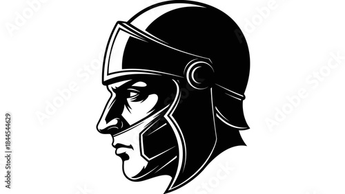 Striking black and white illustration of a Roman soldier's profile with helmet