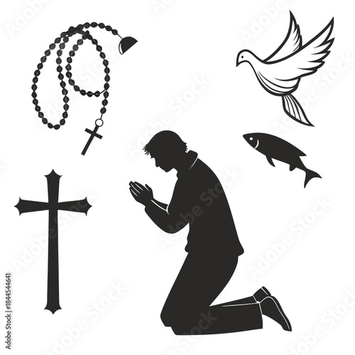 Christian icons silhouette praying man cross dove fish rosary