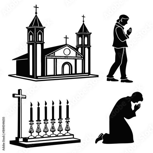 Christian church building with praying figures and candles