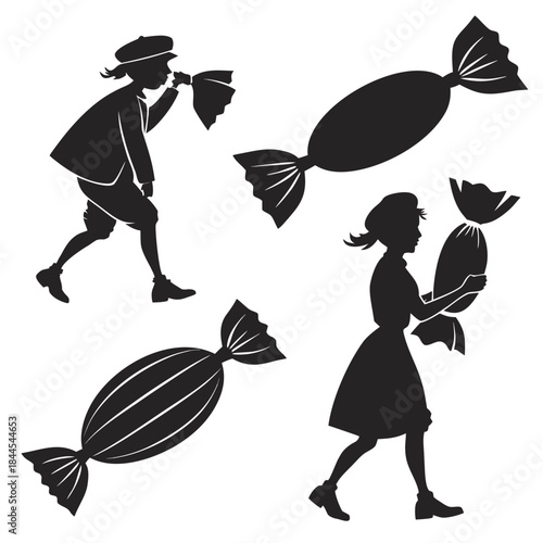 Children silhouettes with candy wrappers sweet