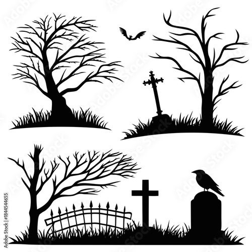 Cemetery scene silhouettes with bare trees and gravestones