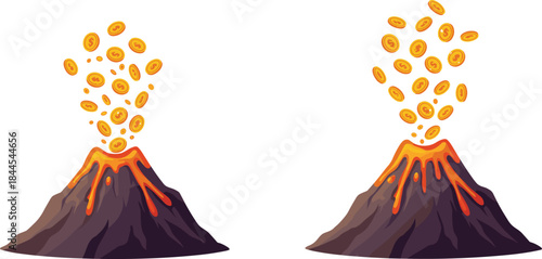 Volcano eruption coins, financial explosion concept, money blast illustration, economic growth metaphor, wealth burst graphic, investment success symbol