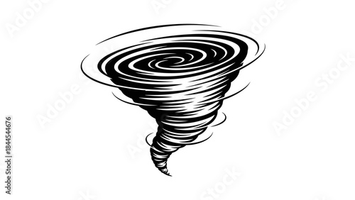 stylized black and white depiction of a powerful swirling tornado vortex