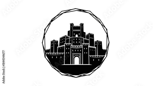 Striking Silhouette of a Majestic Castle Emblem within a Geometric Frame