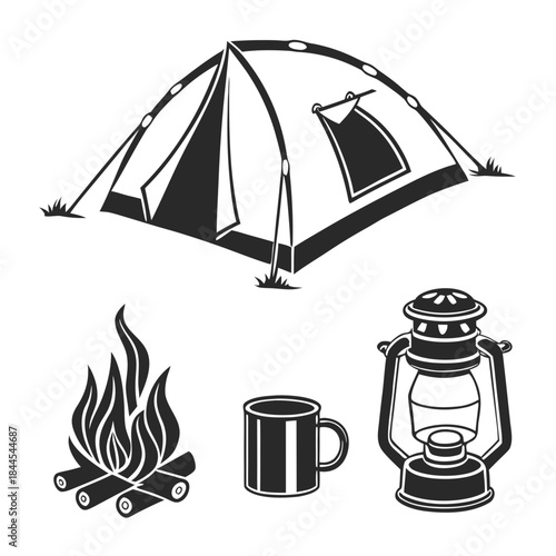 Camping tent campfire lantern and mug icons vector