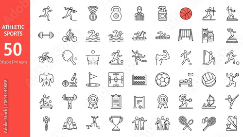 A collection of sleek athletic sports icons in solid design displayed on a clean white background
