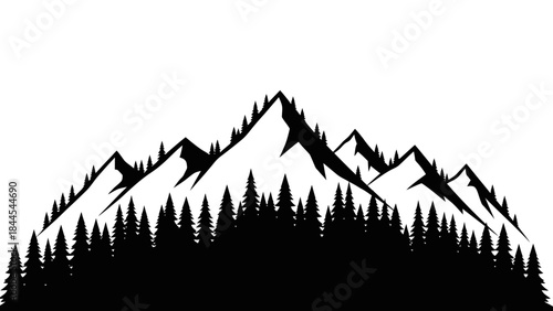 Striking silhouette of jagged mountain peaks adorned with pine trees against a white backdrop