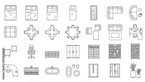 A collection of sleek solid icons representing various office and technology elements in a minimalist line art style