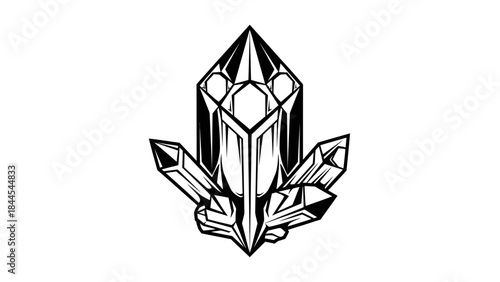 Stylized Geometric Crystal Cluster Emblem Black and White Illustration