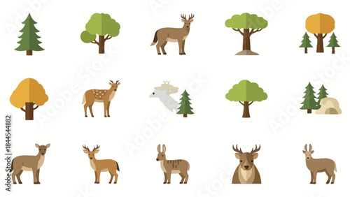 Vector Icons Representing Deer and Trees in a Natural Forest Environment