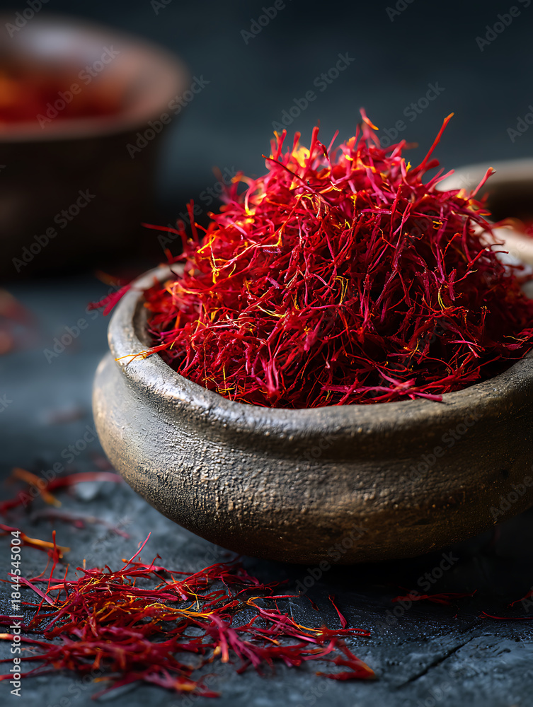 Fototapeta premium A close-up image of a rustic earthenware bowl filled with red saffron fibers