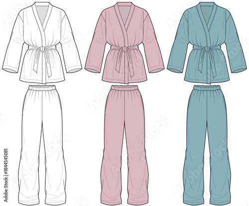 womens pajama set long sleeve belted top and elastic waist pant flat sketch, womens loungewear set vector illustration technical cad drawing template