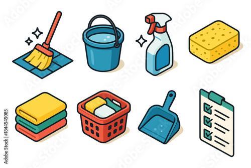 Pixel Art Cleaning Supplies Collection Including Broom Bucket Spray Bottle Sponge Folded Towels Laundry Basket Dustpan and Checklist on Black Background