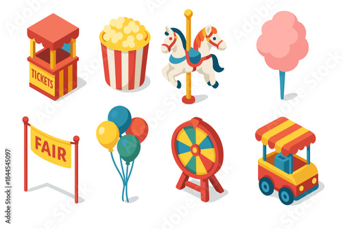 Pixel Art Carnival Icons Featuring A Ticket Booth Popcorn Machine Carousel Horse Cotton Candy Wheel of Fortune And A Fair Sign On A Black Background